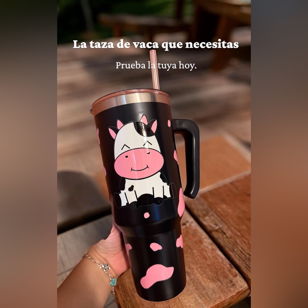 Black Travel Tumbler with Pink Cow Design 40oz stainless, for cold & hot .